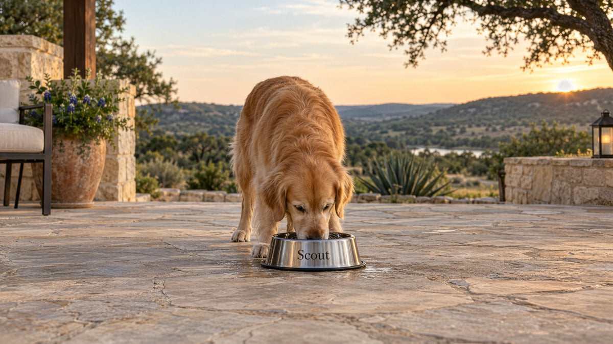 Engraved stainless steel dog bowls outdoors on a Texas ranch