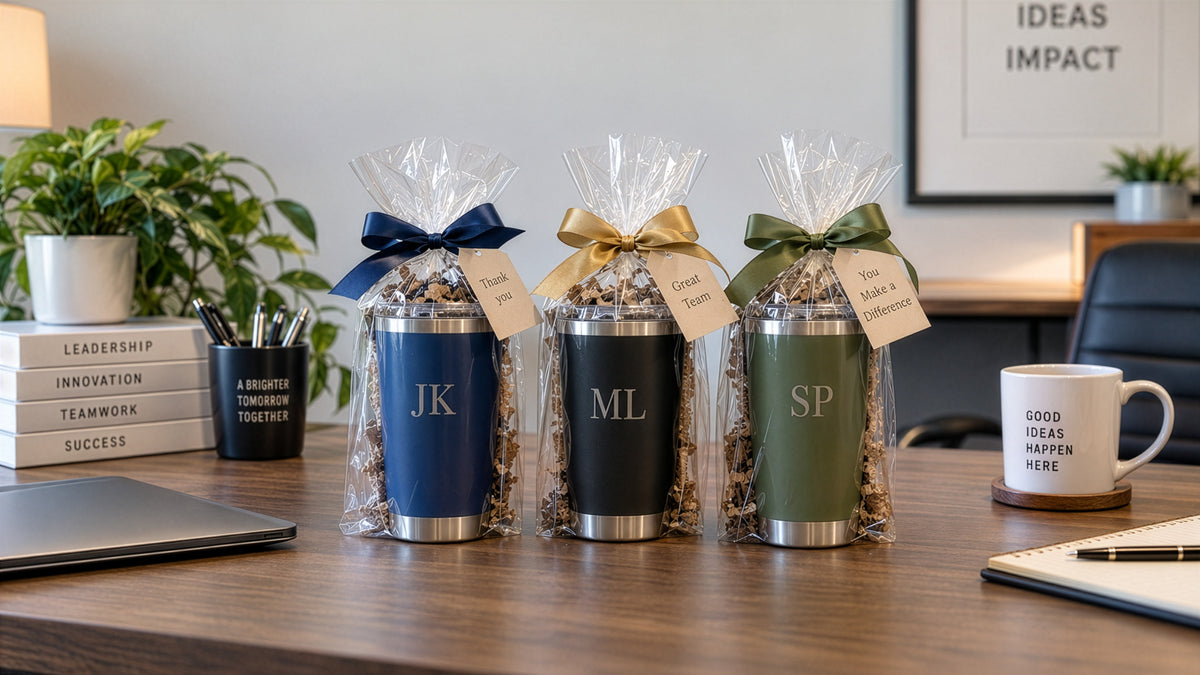 Personalized engraved tumblers as practical coworker gifts, Texas outdoors