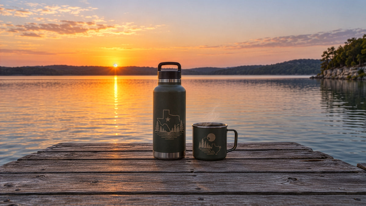 Owala FreeSip bottle by a Texas lake, cold drinks only not for hot coffee
