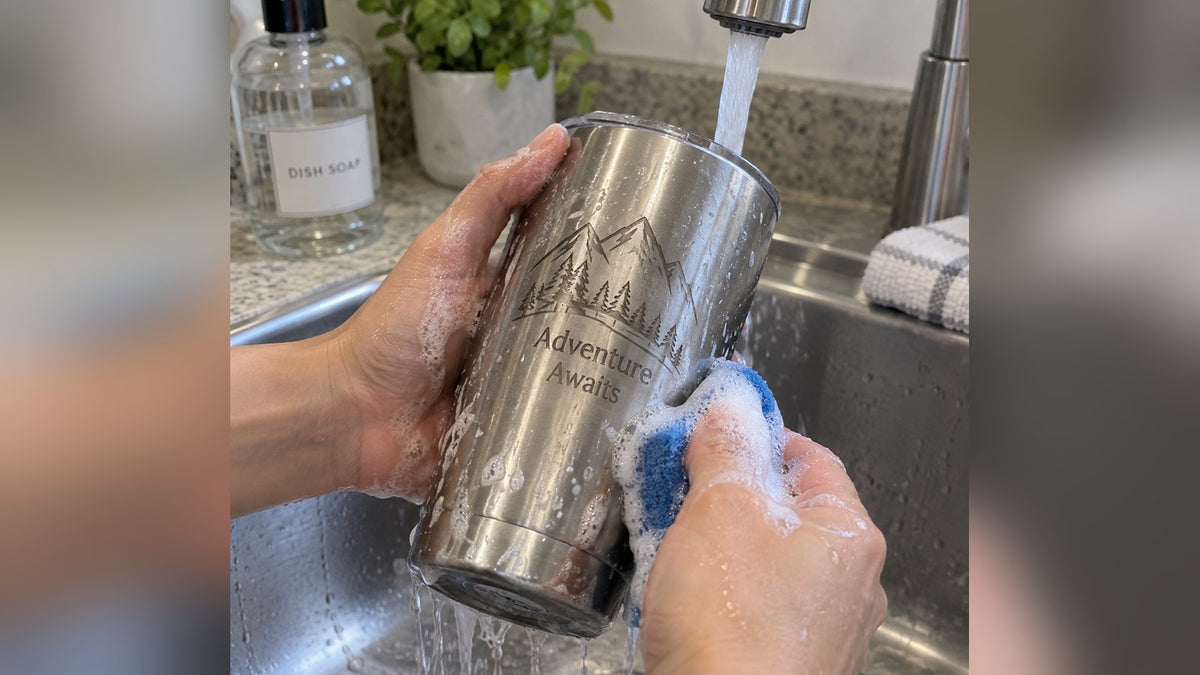 Cleaning an engraved YETI-style tumbler outdoors in Texas hill country