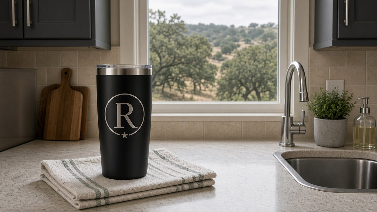 Laser engraved tumbler on a Texas hill country table, dishwasher-safe care guide