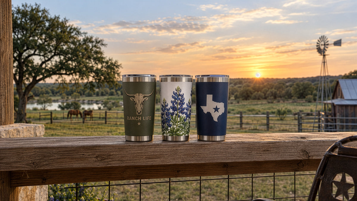 Laser engraving a tumbler compared to UV print and vinyl, Texas ranch setting