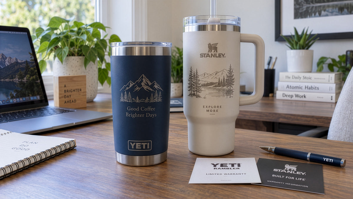 Laser engraved Stanley Quencher and YETI Rambler tumblers side by side on a desk, comparing which to personalize