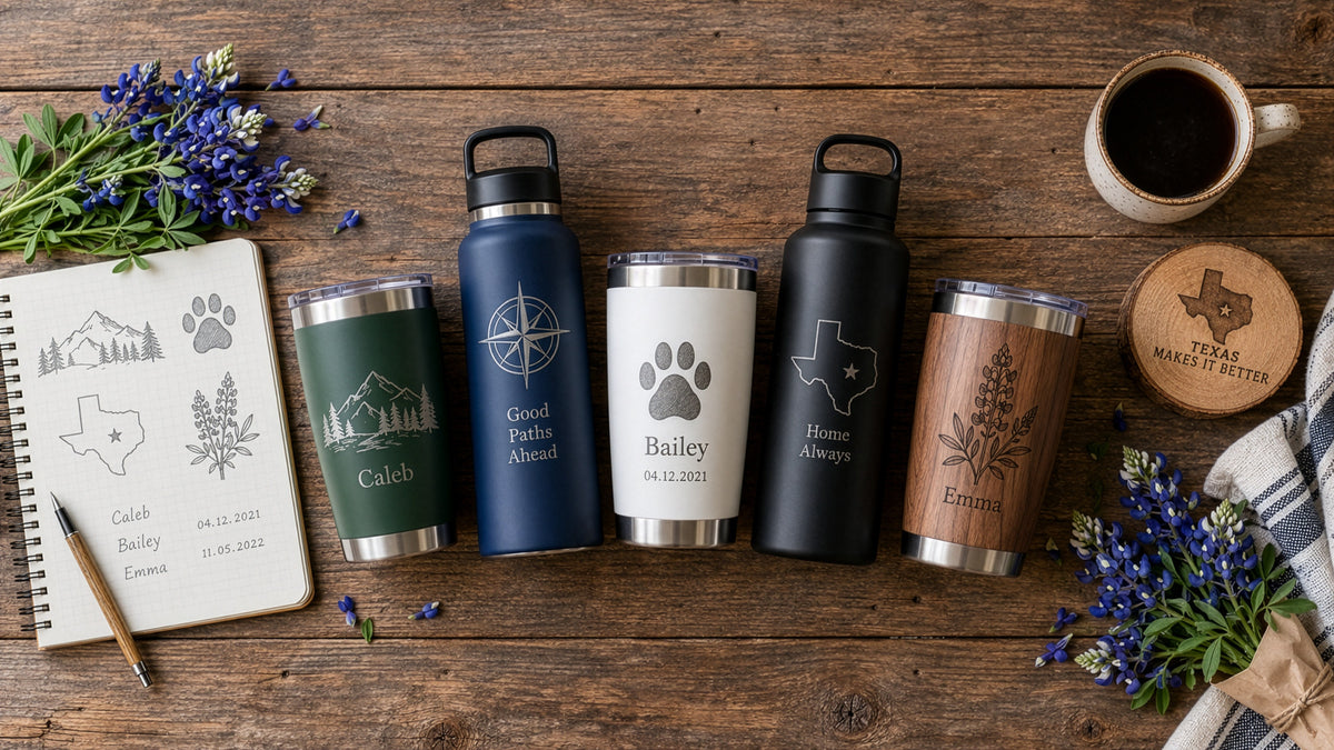 Personalized engraved tumbler ideas for names and occasions, Texas lake vibe