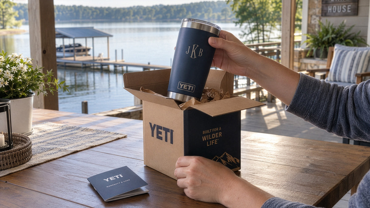 Navy YETI Rambler tumbler with laser engraved monogram lifted from its box on a lake house porch next to the warranty booklet
