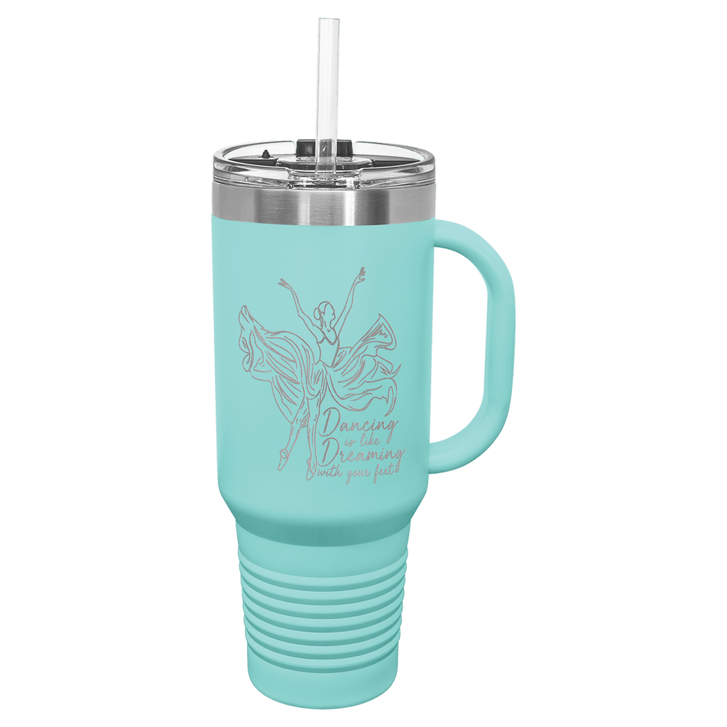 Personalized laser engraved Polar Camel 40oz Travel Mug with Straw in teal, custom name gift