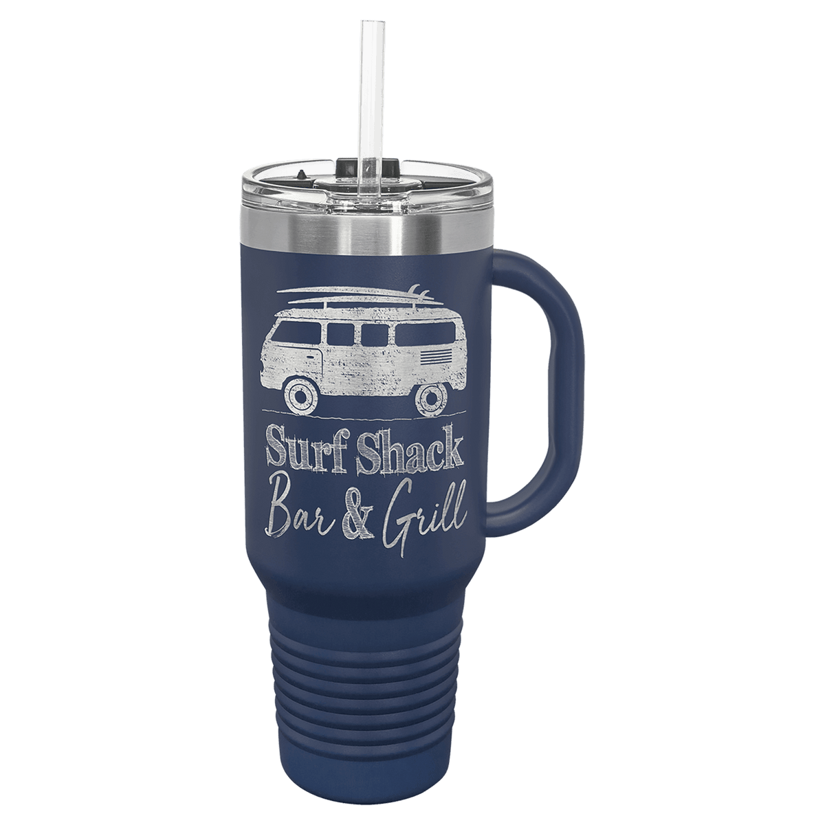 Personalized laser engraved Polar Camel 40oz Travel Mug with Straw in Navy, custom name gift