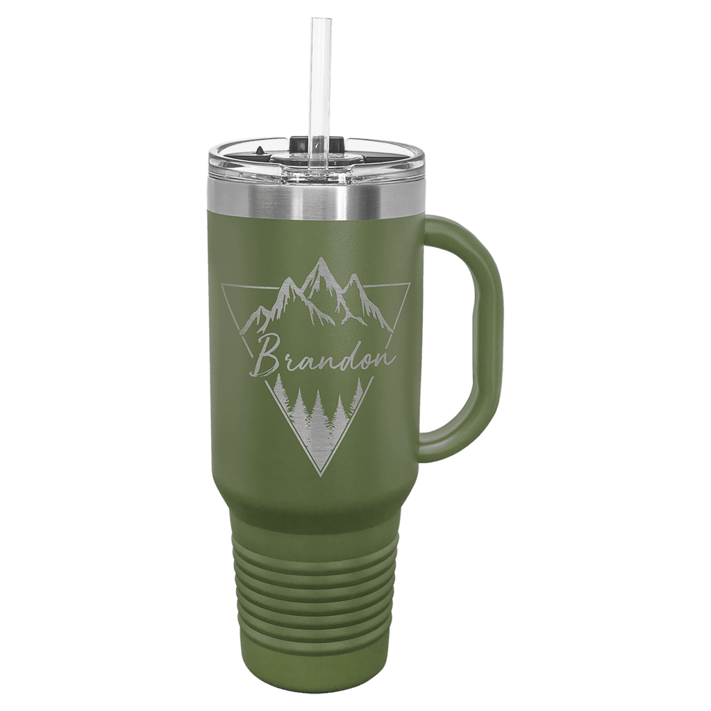 Personalized laser engraved Polar Camel 40oz Travel Mug with Straw in Olive Green, custom name gift
