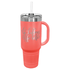 Personalized laser engraved Polar Camel 40oz Travel Mug with Straw in Coral, custom name gift