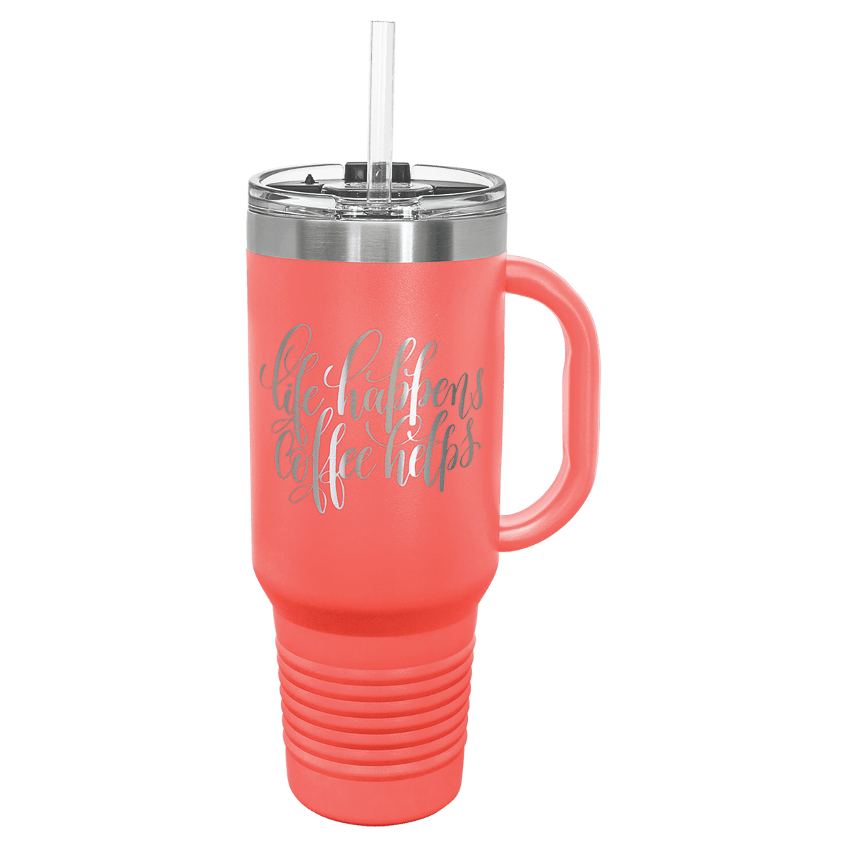 Personalized laser engraved Polar Camel 40oz Travel Mug with Straw in Coral, custom name gift