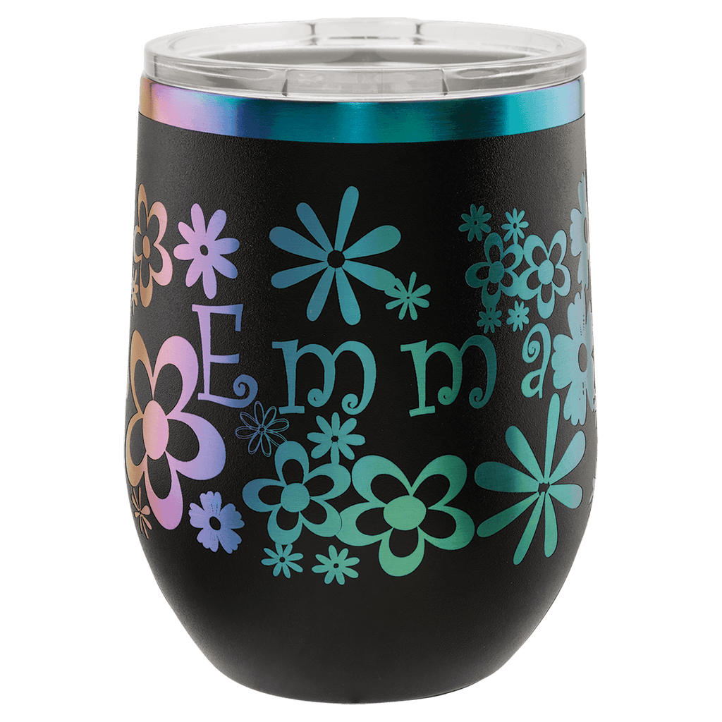 Personalized laser engraved Polar Camel 12oz Wine Tumbler in Black/ Prism, custom name gift