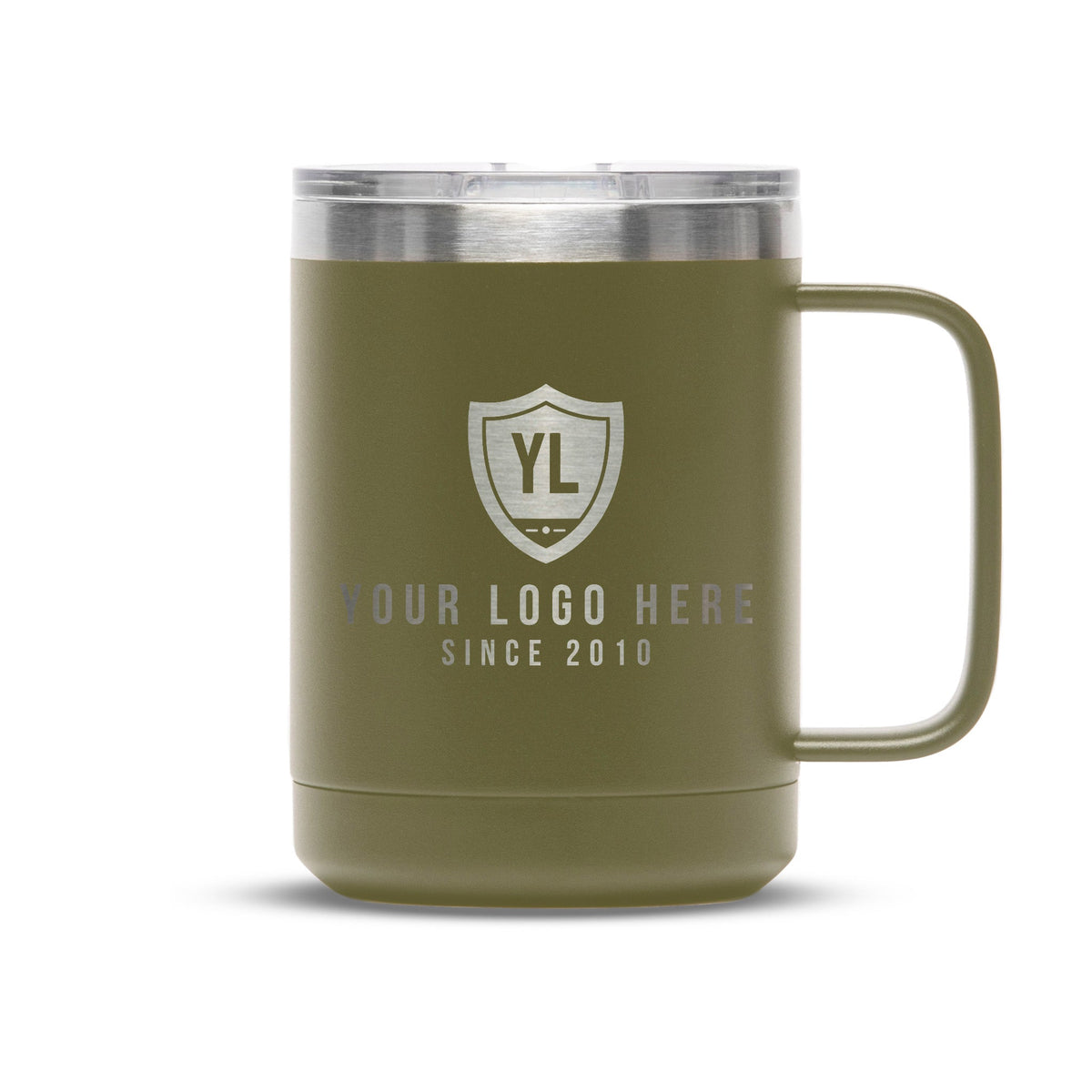 Personalized laser engraved Polar Camel 15oz Coffee Mug in Olive Green, custom name gift