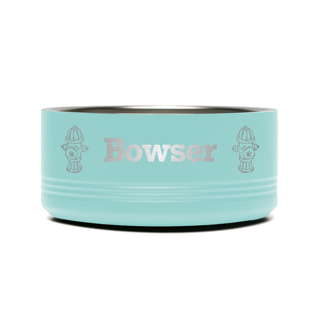 Personalized laser engraved Polar Camel 32oz Dog Bowl in teal, custom name gift