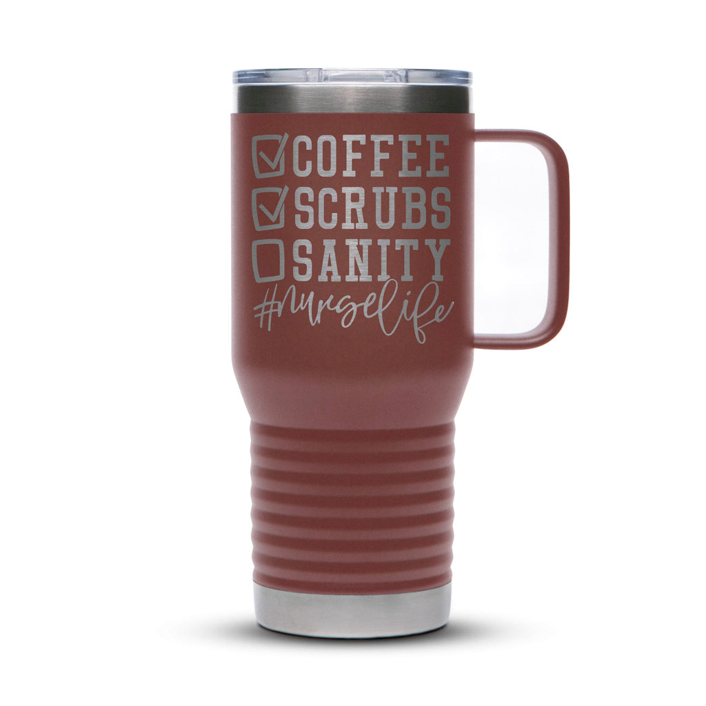 Personalized laser engraved Polar Camel 20oz Travel Mug in Maroon, custom name gift