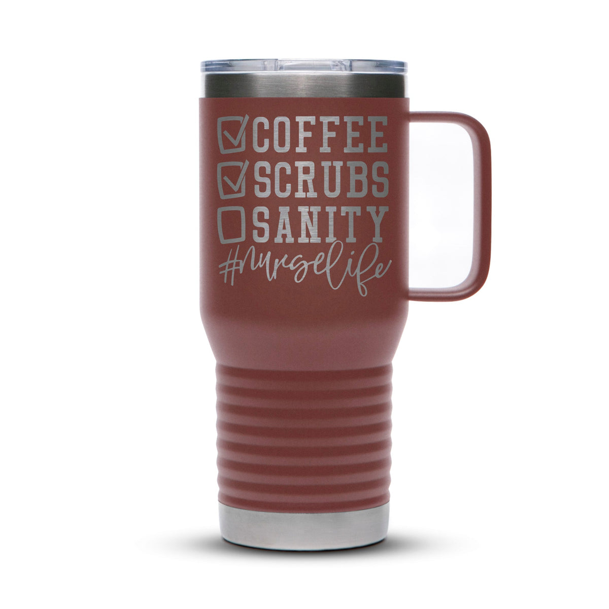 Personalized laser engraved Polar Camel 20oz Travel Mug in Maroon, custom name gift