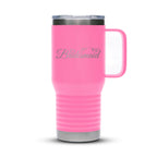 Personalized laser engraved Polar Camel 20oz Travel Mug in Pink, custom name gift