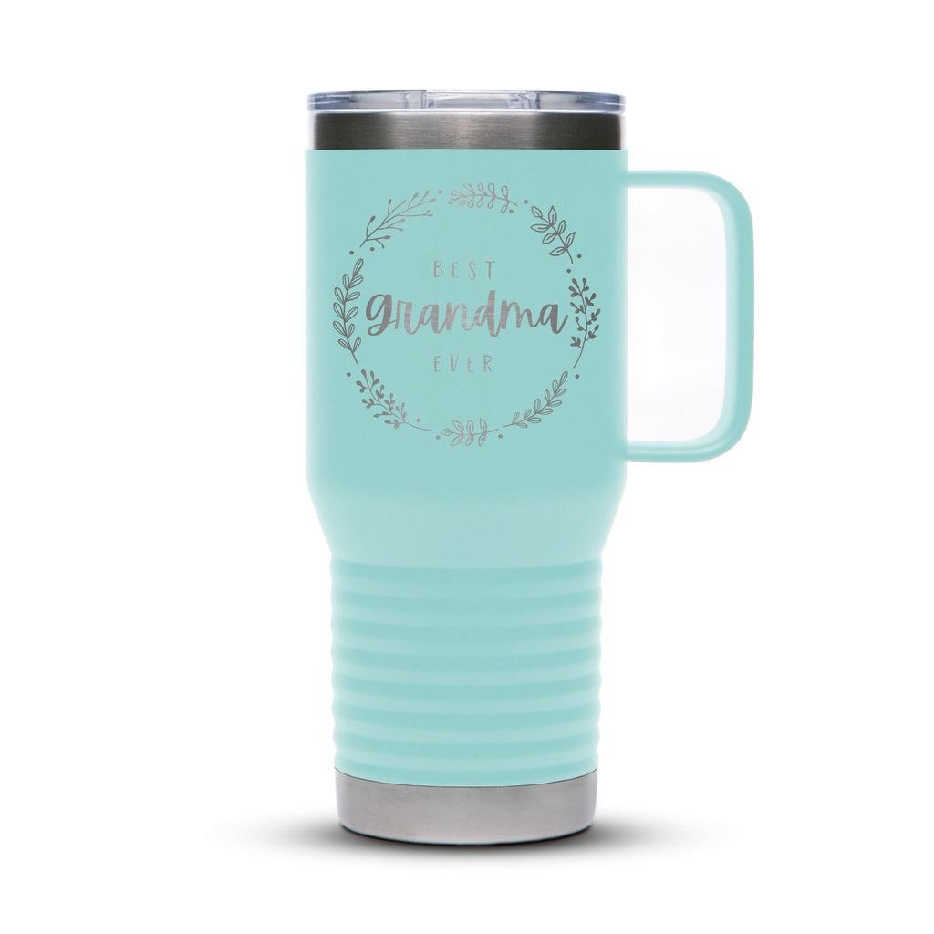 Personalized laser engraved Polar Camel 20oz Travel Mug in teal, custom name gift