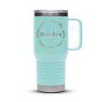 Personalized laser engraved Polar Camel 20oz Travel Mug in teal, custom name gift