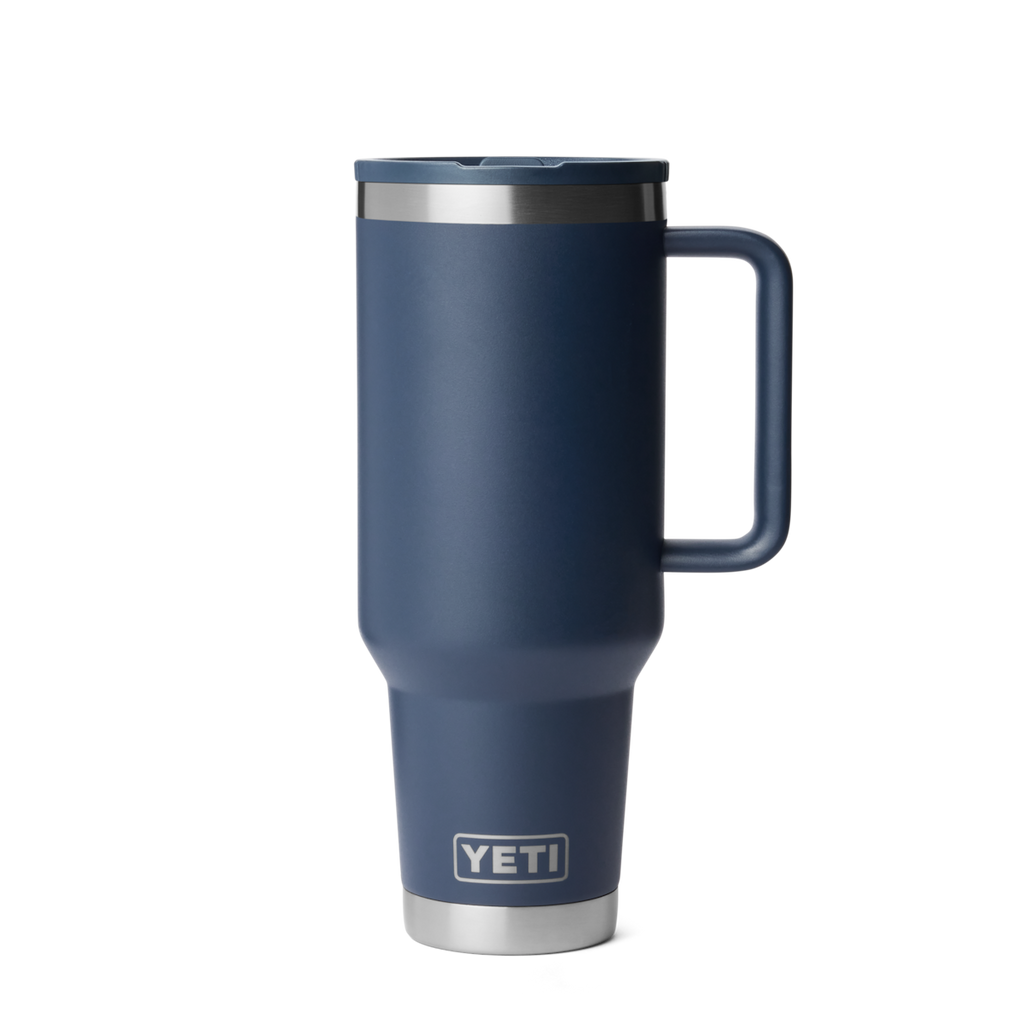 Personalized laser engraved YETI 40oz Rambler Travel Straw Mug in Navy, custom name gift
