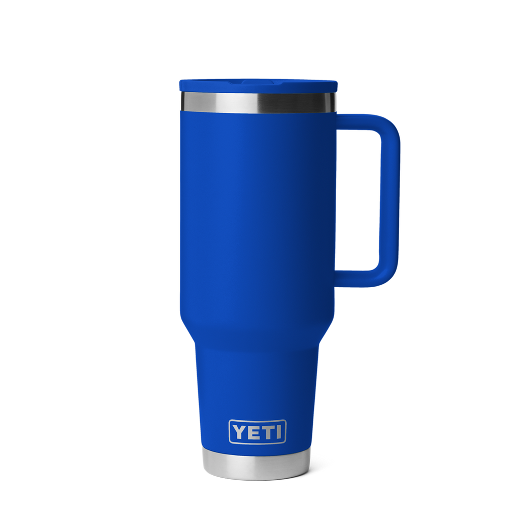 Personalized laser engraved YETI 40oz Rambler Travel Straw Mug in Royal Blue, custom name gift