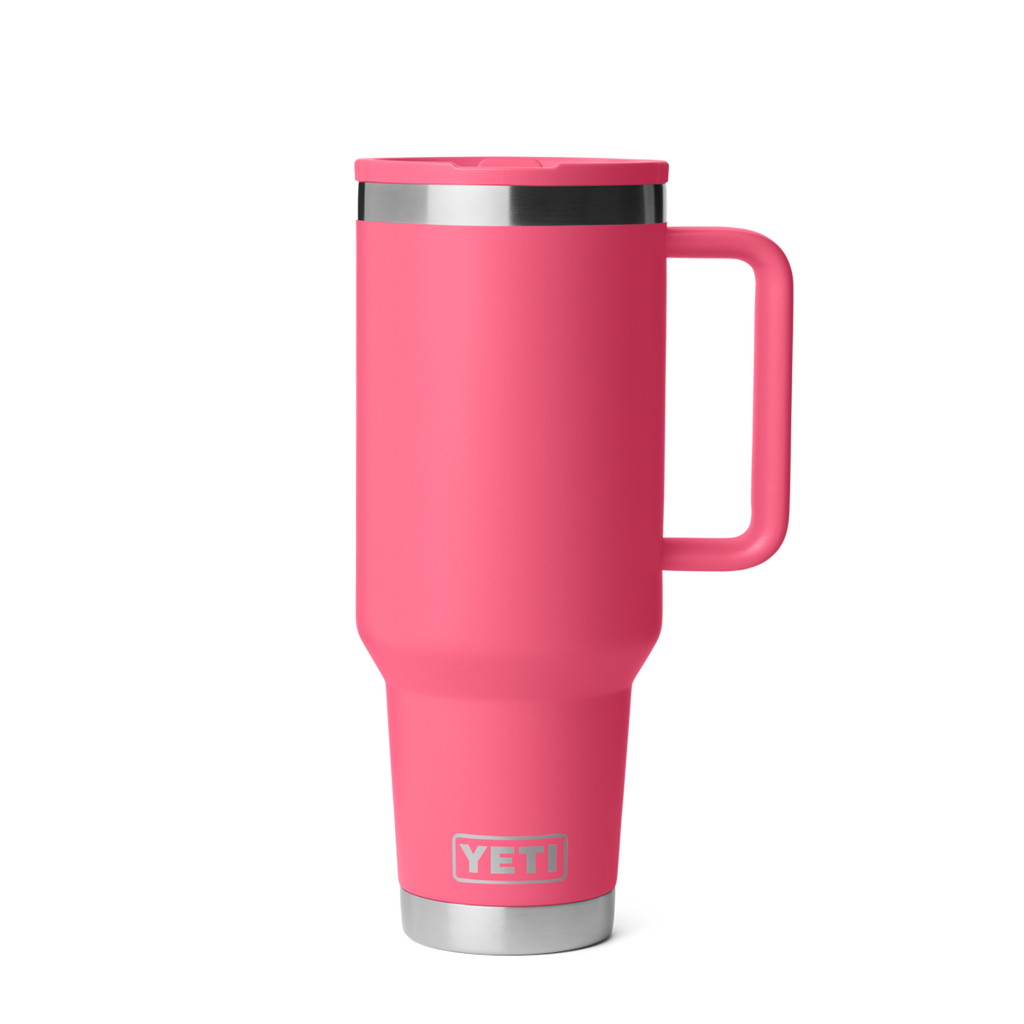 Personalized laser engraved YETI 40oz Rambler Travel Straw Mug in Tropical Pink, custom name gift