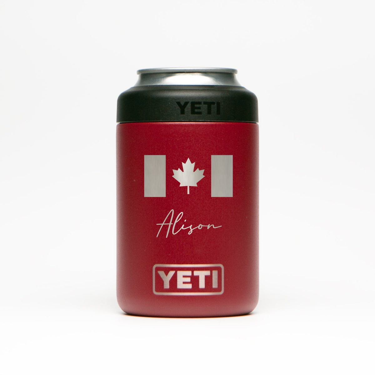 Personalized laser engraved YETI 12oz Colster Can Cooler in Rescue Red, custom name gift