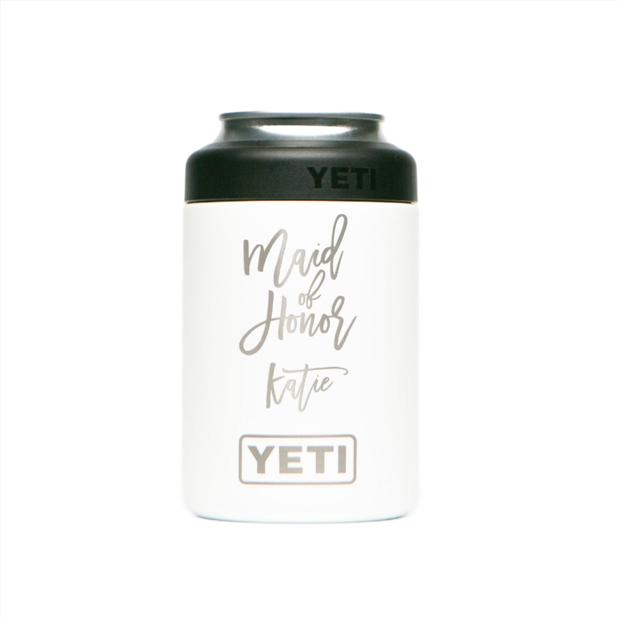 Personalized laser engraved YETI 12oz Colster Can Cooler in White, custom name gift
