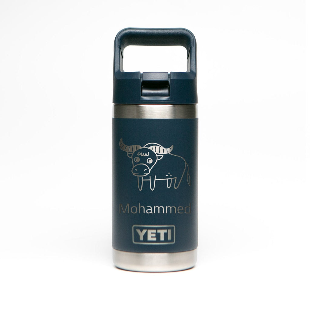 Personalized laser engraved YETI Rambler Jr 12oz Kids Bottle in Navy, custom name gift