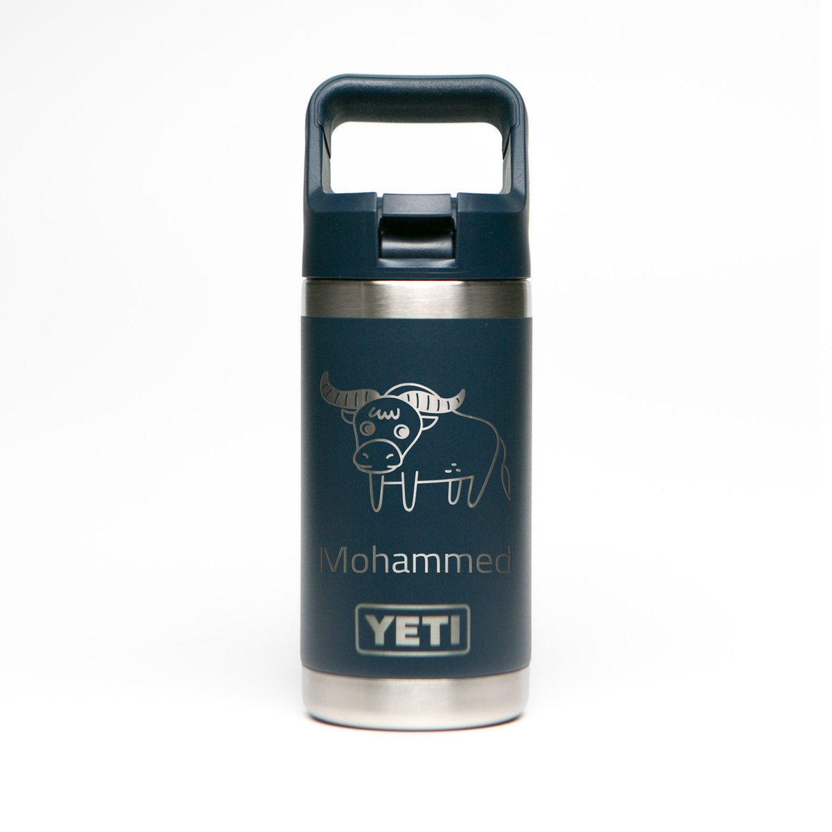 Personalized laser engraved YETI Rambler Jr 12oz Kids Bottle in Navy, custom name gift