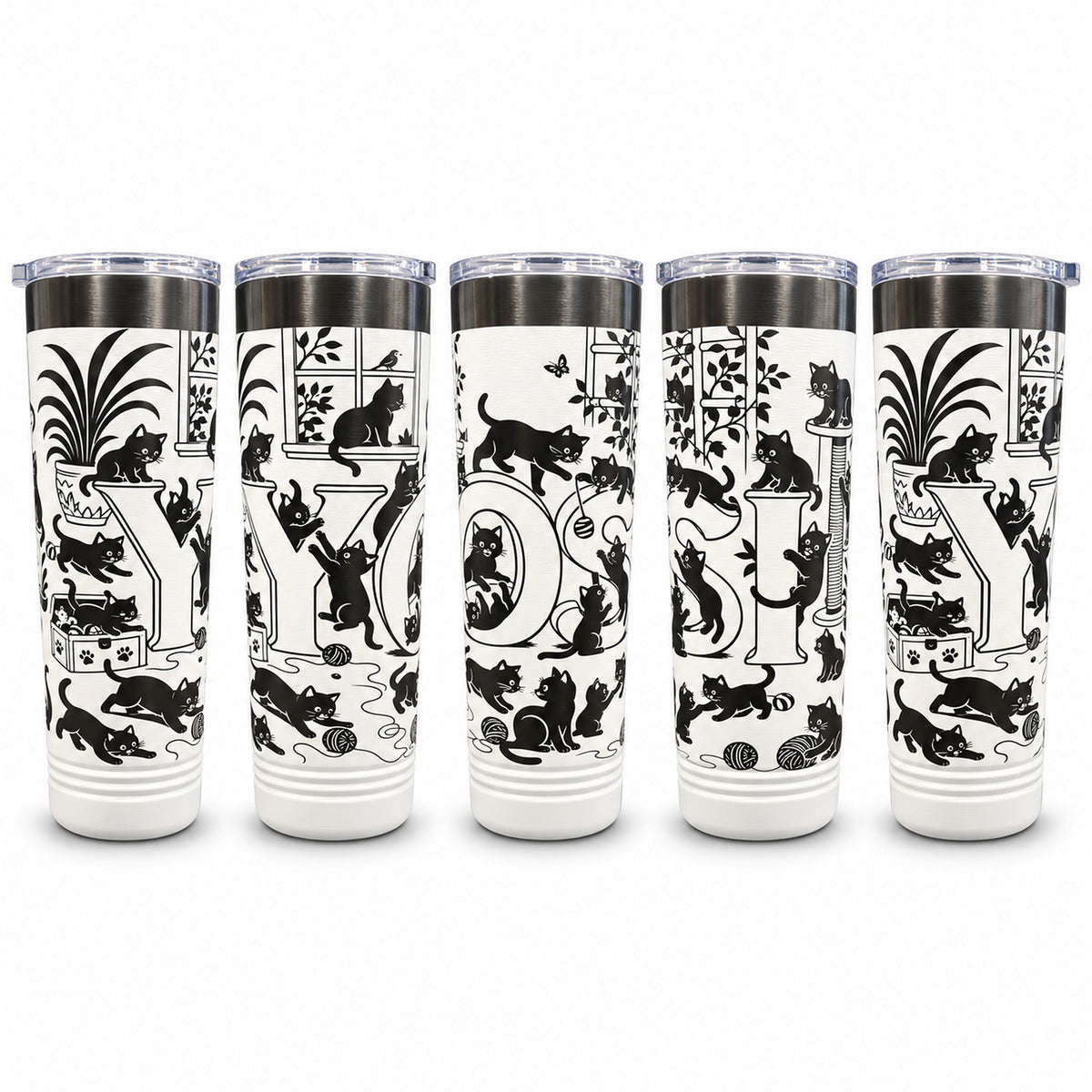 White skinny tumbler laser engraved with a personalized Cat Lover design of black cats spelling the name YOSI, on a white background