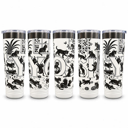 White skinny tumbler laser engraved with a personalized Cat Lover design of black cats spelling the name YOSI, on a white background