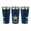 Three views of a navy tumbler laser engraved with the Dallas Cowboys star and COWBOYS lettering, on a white background