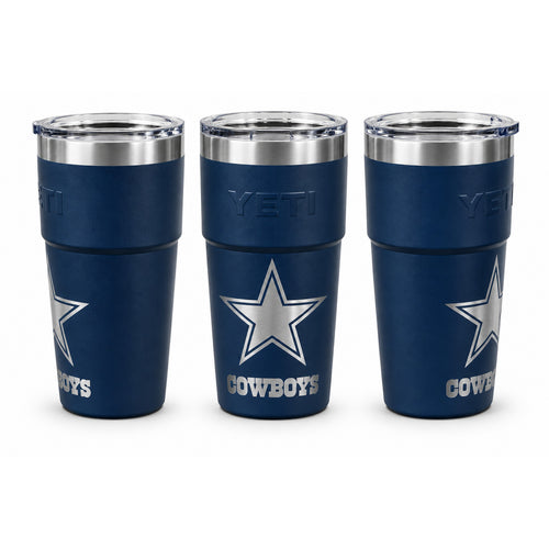 Three views of a navy tumbler laser engraved with the Dallas Cowboys star and COWBOYS lettering, on a white background