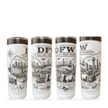 Four views (front, right, back, left) of the DFW Dallas Fort Worth Skyline full-wrap laser engraved white tumbler on a white background