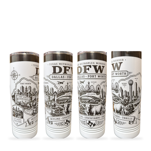Four views (front, right, back, left) of the DFW Dallas Fort Worth Skyline full-wrap laser engraved white tumbler on a white background
