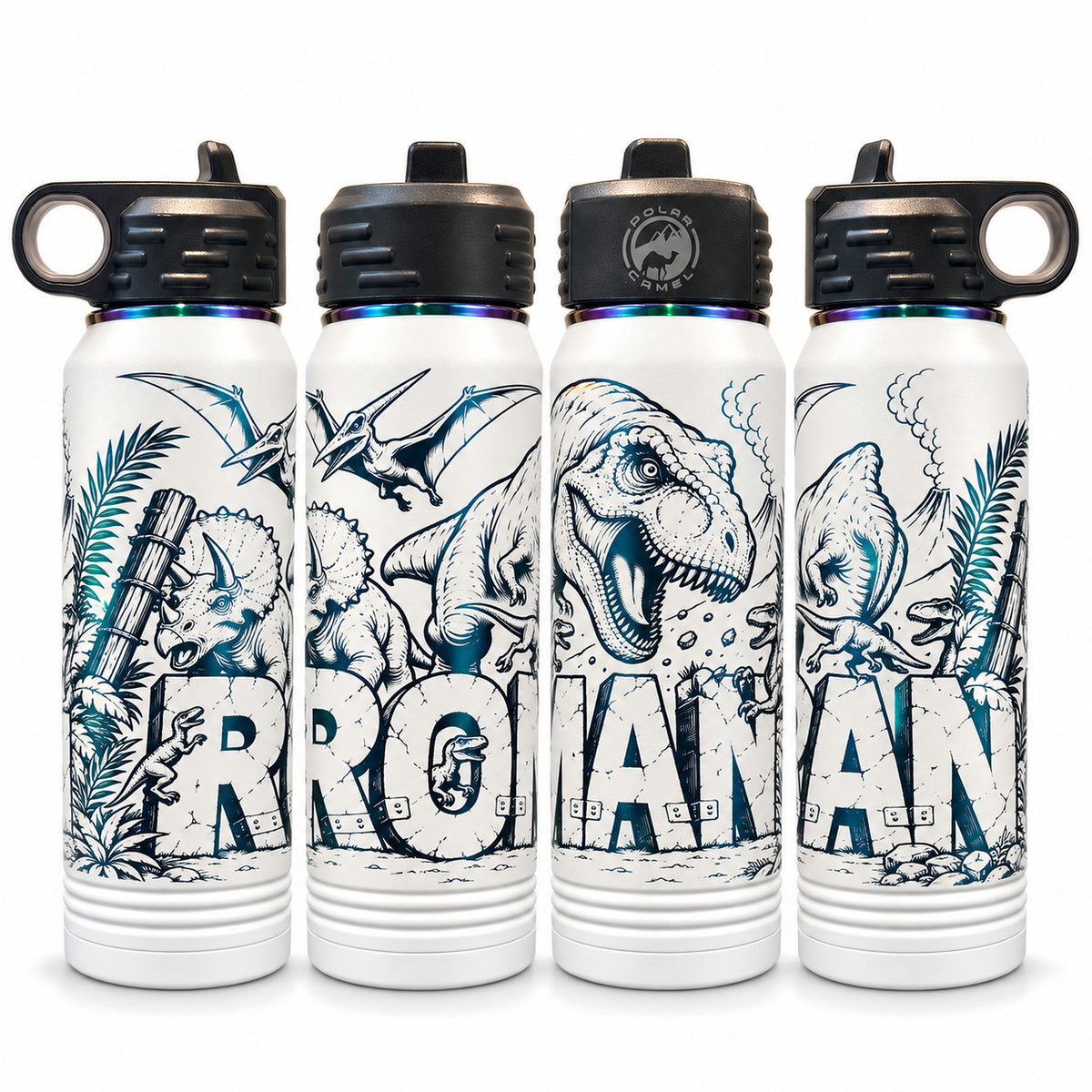 Water bottles laser engraved with a personalized full-wrap dinosaur design with the name ROMAN, on a white background