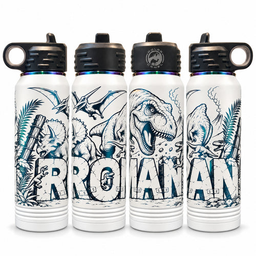 Water bottles laser engraved with a personalized full-wrap dinosaur design with the name ROMAN, on a white background