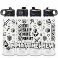 White water bottles laser engraved with a personalized Eat Sleep Mine Repeat full-wrap design with the name MATTHEW, on a white background
