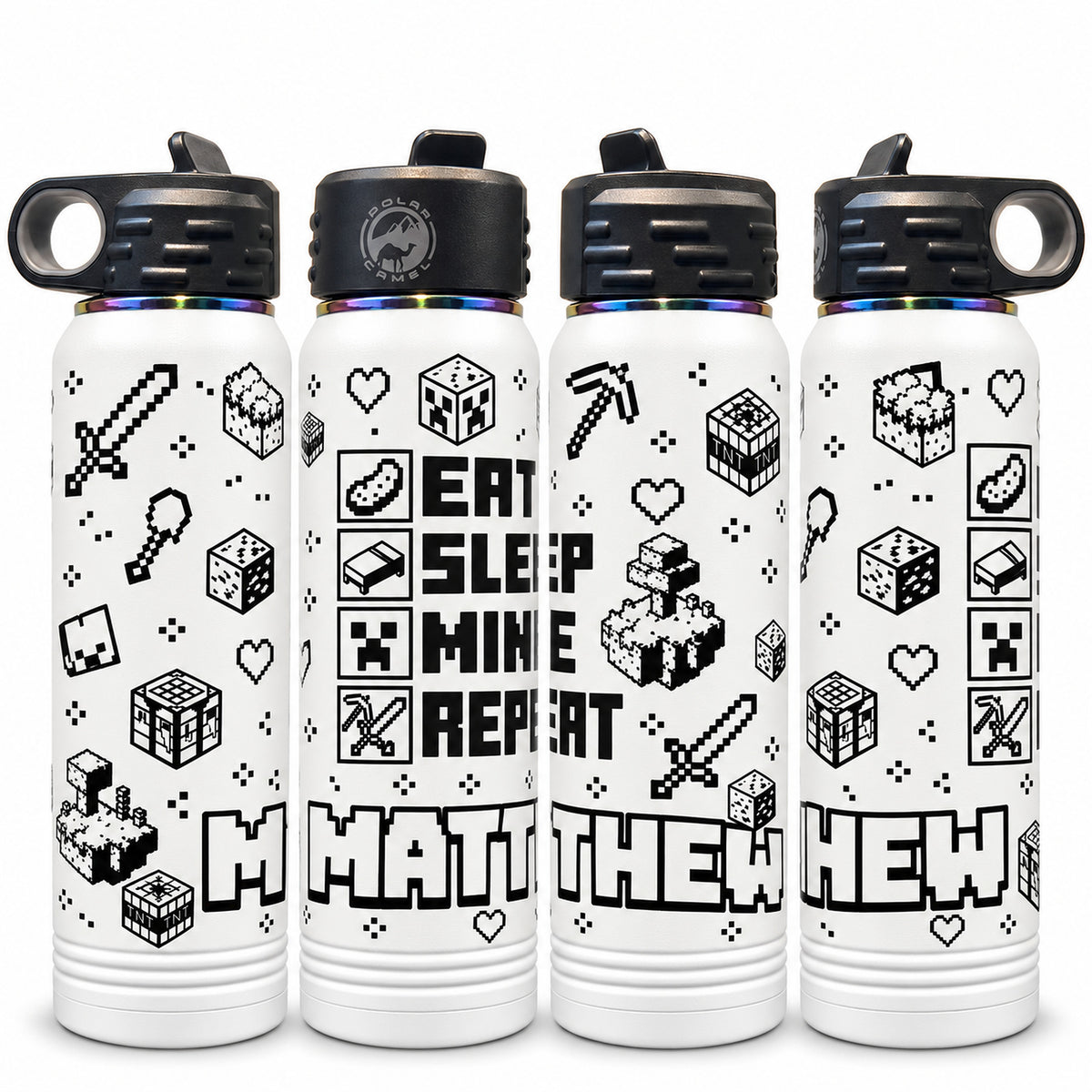 White water bottles laser engraved with a personalized Eat Sleep Mine Repeat full-wrap design with the name MATTHEW, on a white background