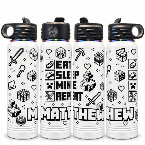 White water bottles laser engraved with a personalized Eat Sleep Mine Repeat full-wrap design with the name MATTHEW, on a white background