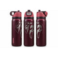 Three views of a maroon bottle with a silver laser engraving of the screaming Ghostface mask and tattered hood