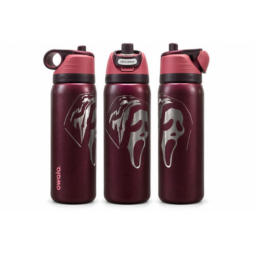 Three views of a maroon bottle with a silver laser engraving of the screaming Ghostface mask and tattered hood