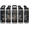 Black bottle laser engraved with a full-wrap Great Smoky Mountains National Park design, on a white background