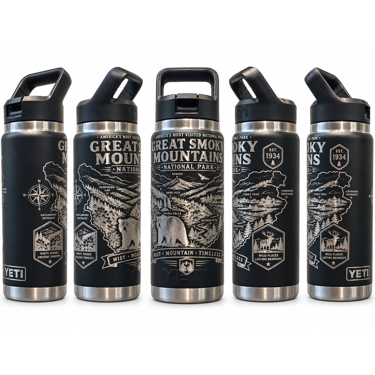 Black bottle laser engraved with a full-wrap Great Smoky Mountains National Park design, on a white background