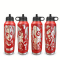 Four views of a red 32 oz water bottle with a black straw lid, laser engraved in silver with a full-wrap Harley Quinn and Joker design, shown on a white background