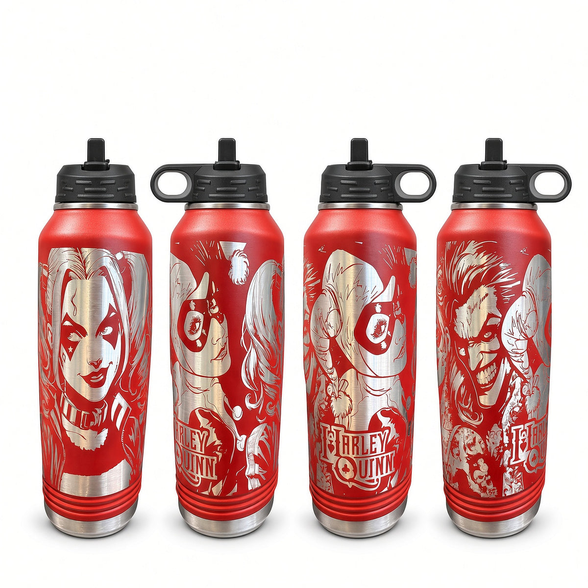 Four views of a red 32 oz water bottle with a black straw lid, laser engraved in silver with a full-wrap Harley Quinn and Joker design, shown on a white background