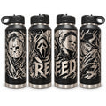 Black tumblers laser engraved with a full-wrap horror movie icons design featuring Jason, Ghostface, Michael Myers and Freddy, on a white background