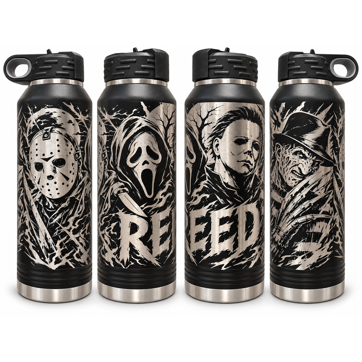 Black tumblers laser engraved with a full-wrap horror movie icons design featuring Jason, Ghostface, Michael Myers and Freddy, on a white background