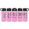 Pink tumblers laser engraved with a personalized K-Pop Demon Hunter full-wrap design with the name JANELY, on a white background