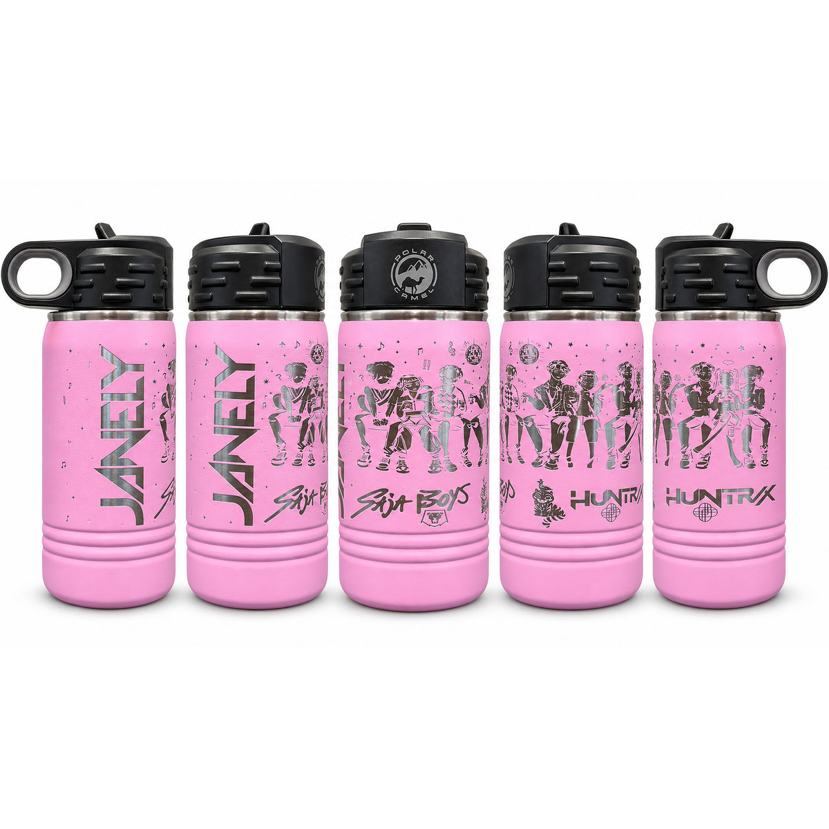 Pink tumblers laser engraved with a personalized K-Pop Demon Hunter full-wrap design with the name JANELY, on a white background